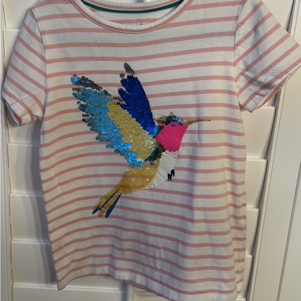 Mini Boden Striped Hummingbird Flippy Sequin Kids Shirt (5-6Y; 116cm)